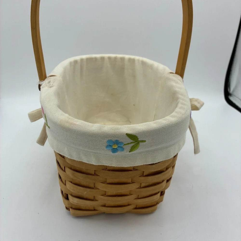 Vintage Splint Basket Wood Swing Handle Fabric Tulip Liner Oval